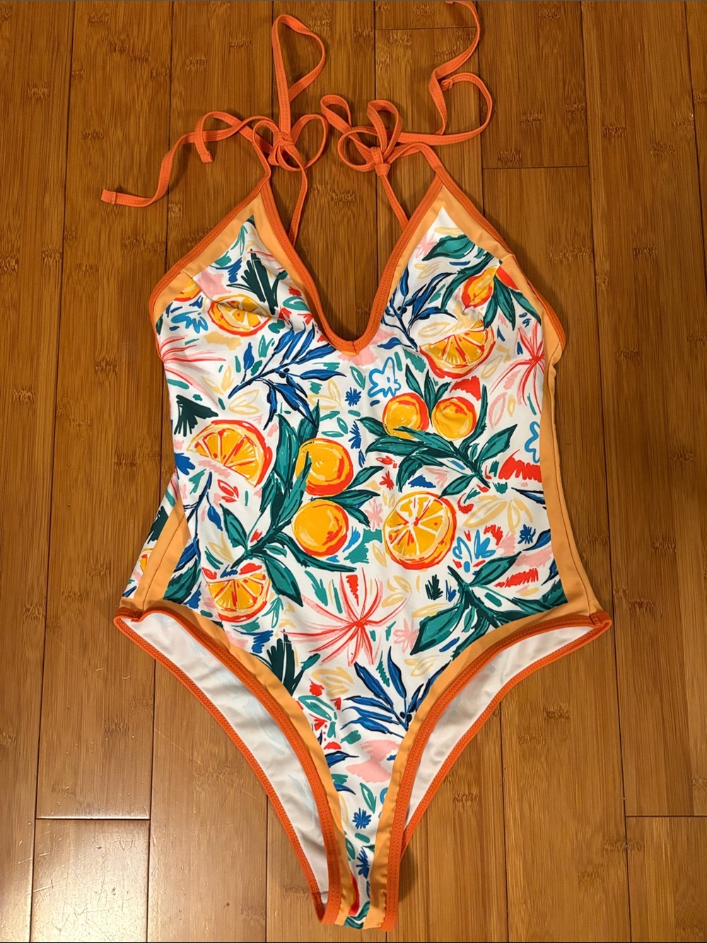 Women’s Orange Citrus-Print One-Piece Swimsuit Sz L